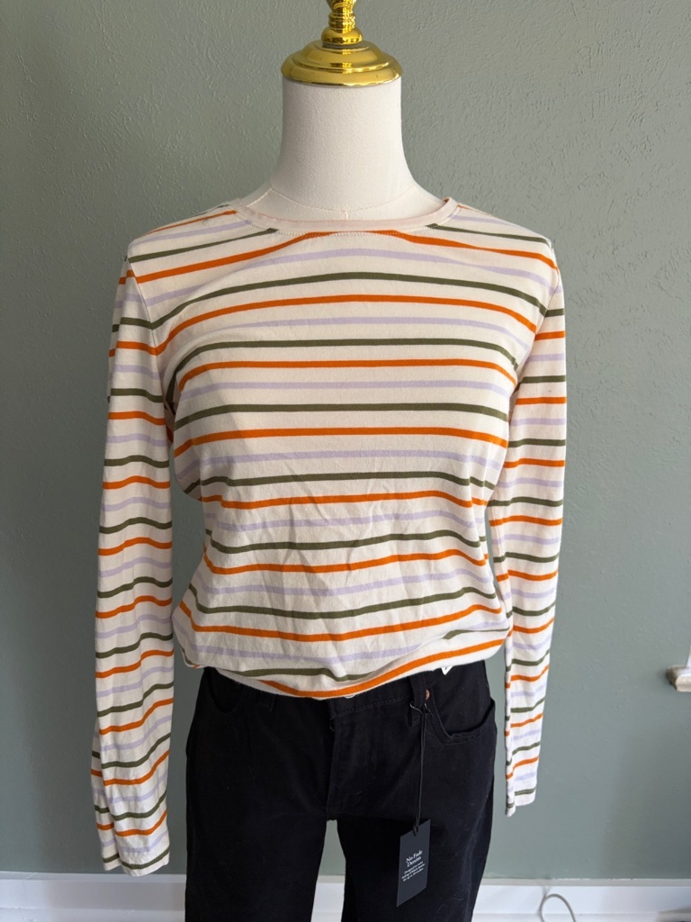 Duluth Trading Co Striped Long Sleeve Tee in White, Orange, Green size small